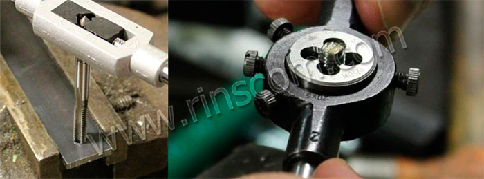 Метчик и плашка в процессе нарезания резьбы Метчик и плашка в процессе нарезания резьбы