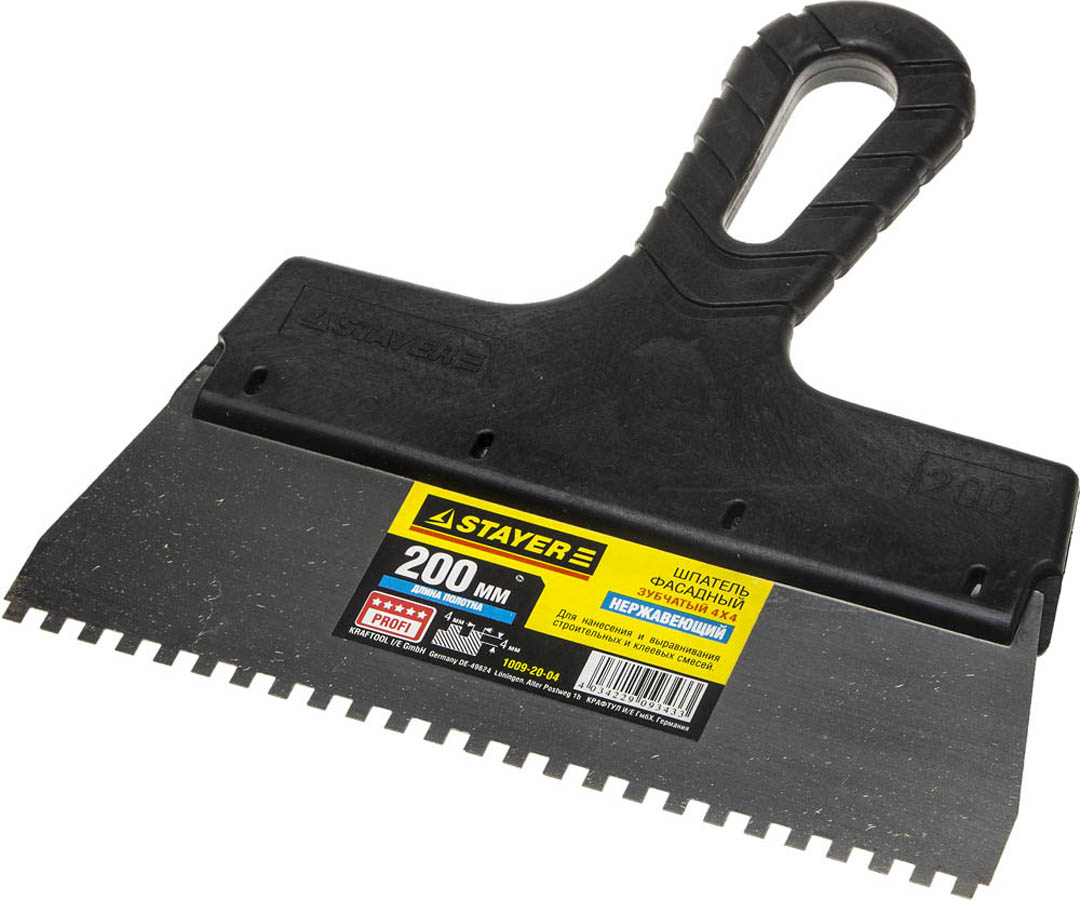 Фото Шпатель зубчатый STAYER 200 мм, нержавеющая полотно, пластмассовая рукоятка, 1009-20-04