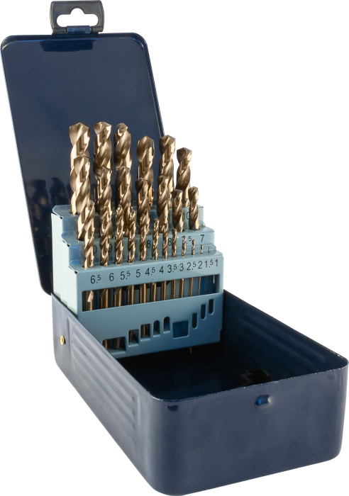 Набор спиральных сверл по металлу HSS Co в металлическом кейсе, d1.0-13.0 мм, 25 предметов, THORVIK
