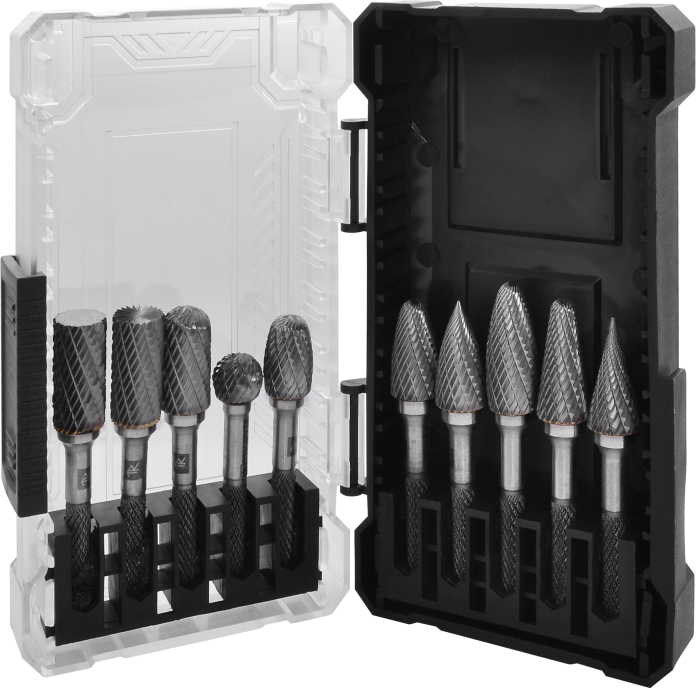 Набор борфрез твердосплавных, тип A, B, C, D, E, F, G, H, L, M, 12 мм, двойная насечка, в кейсе, 10 предметов, THORVIK