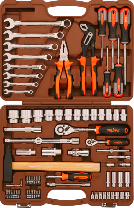 Фото Набор инструмента универсальный 1/4", 1/2"DR с головками торцевыми 12-гранными 1/2"DR, 77 предметов, Ombra