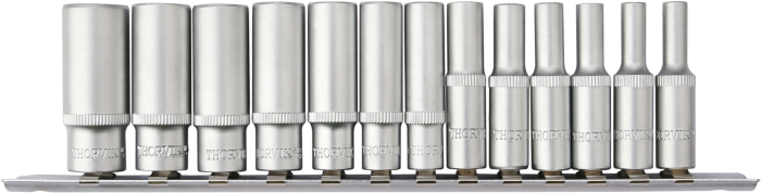 Набор головок торцевых глубоких 12-гранных 1/4"DR на держателе, 4-14 мм, 13 предметов, THORVIK