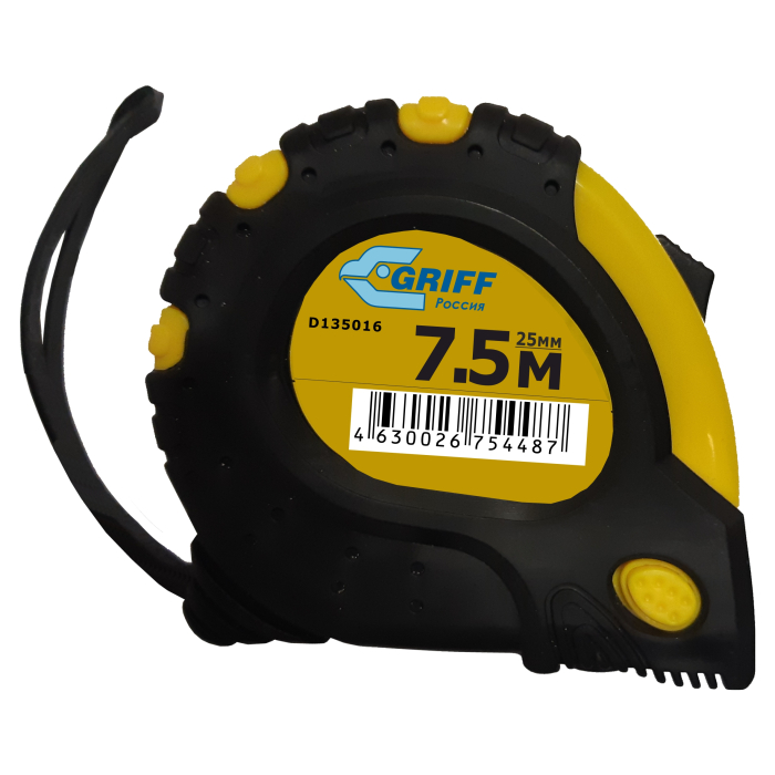 Фото Рулетка 7.5мх25мм с 3 фиксаторами, в обрезин. корпусе GRIFF