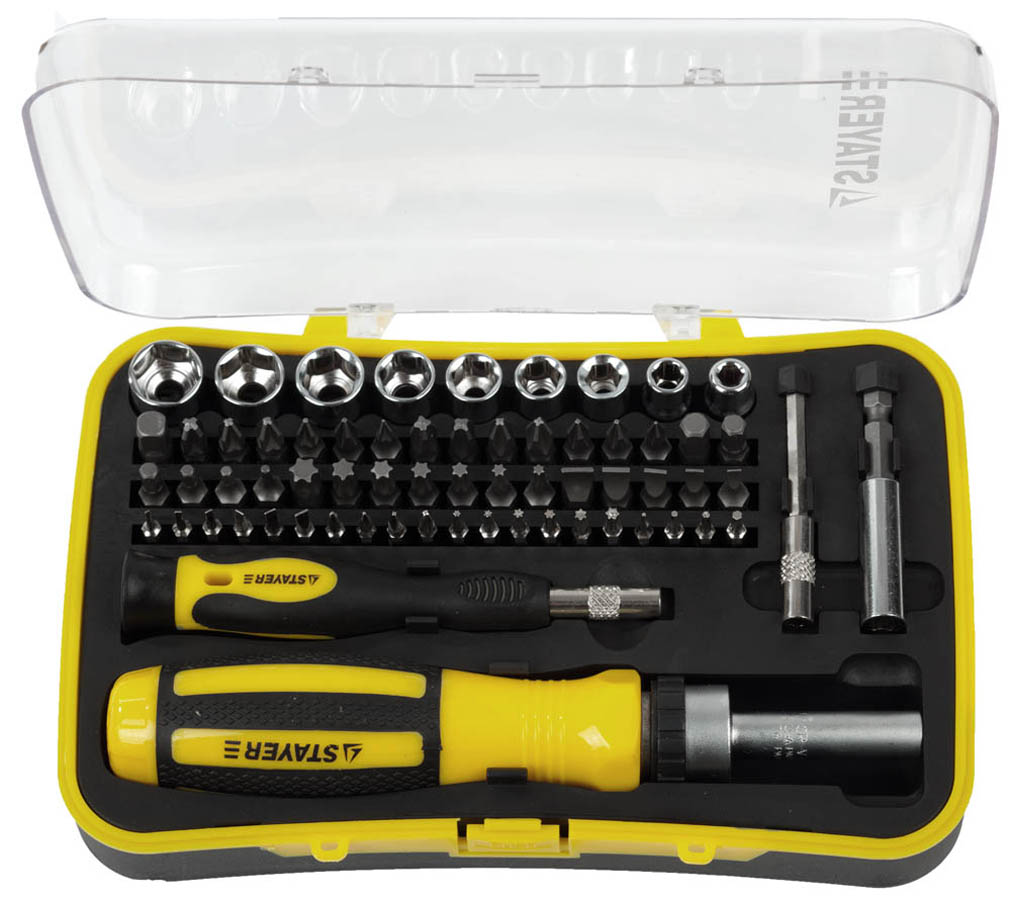 Фото Отвертка реверсивная в наборе с битами и торцевыми головками STAYER 65 шт., 25310-H65