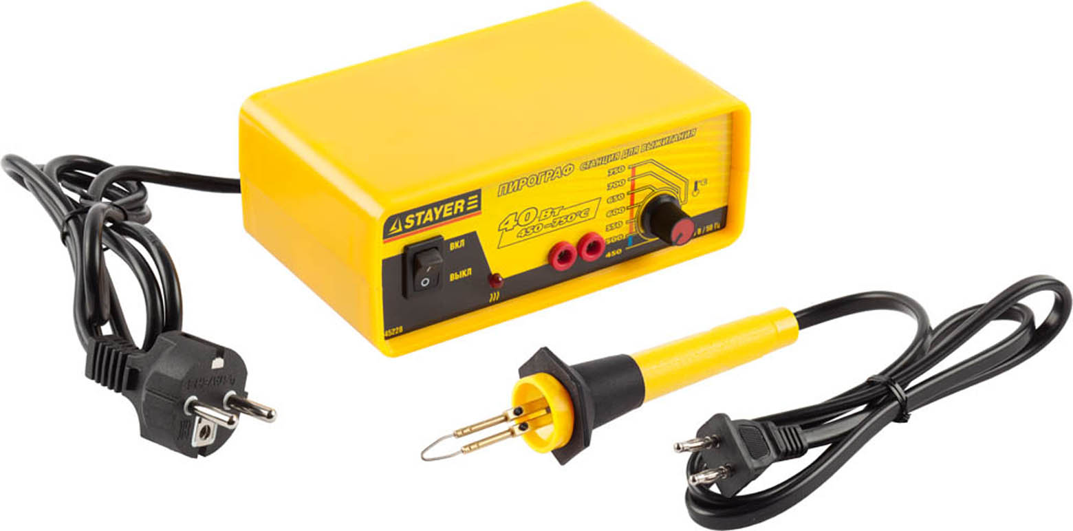 Фото Станция для выжигания STAYER 40Вт, 450-750°с, кол-во сменных жал 2 шт., 45228