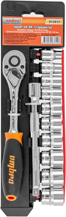 Фото Набор головок торцевых с аксессуарами 3/8"DR, 8-19 мм, 12 предметов, Ombra