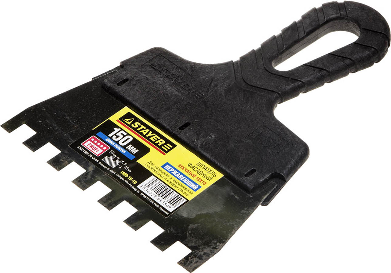 Фото Шпатель зубчатый STAYER 150 мм, нержавеющая полотно, пластмассовая рукоятка, 1009-15-10