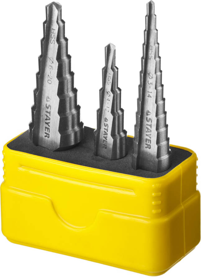 Набор ступенчатых сверл по сталям и цвет.мет STAYER 3 шт., HSS, 29660-3-20-H3 Master