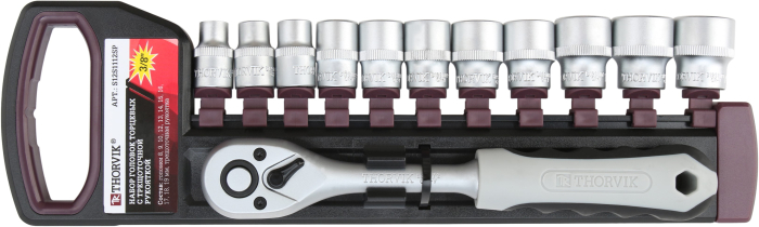 Фото Набор головок торцевых с трещоточной рукояткой 3/8"DR, 8-19 мм, 12 предметов, THORVIK