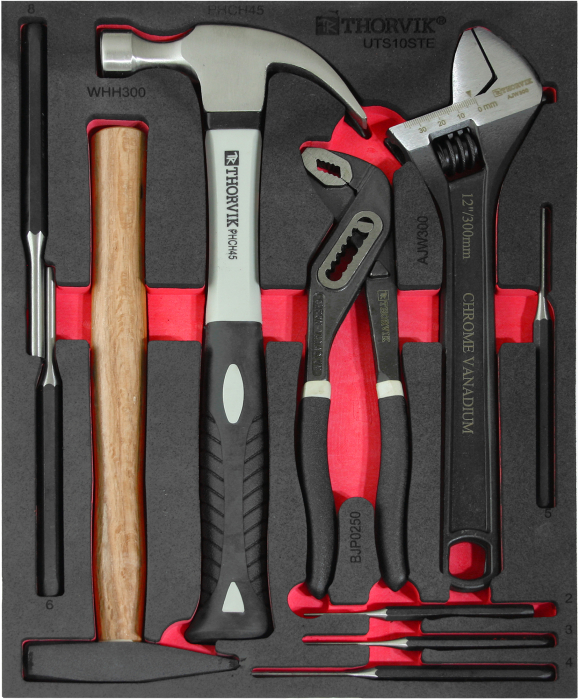 Фото Набор молотков, выколоток и шарнирно-губцевого инструмента в EVA ложементе 280х375х30 мм, 10 предметов, THORVIK