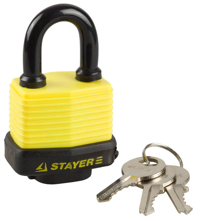 Замок навесной STAYER 37140-40 50х28х45,5 мм, пластиковая защита корпуса, всепогодный