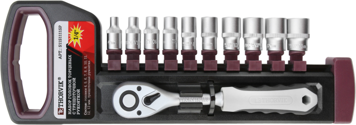 Фото Набор головок торцевых с трещоточной рукояткой 1/4"DR, 4-13 мм, 11 предметов, THORVIK