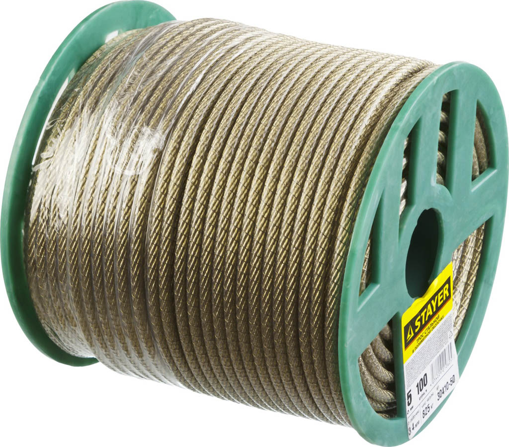 Трос стальной в полимерной оболочке STAYER 5 мм, 100 м, 30410-50