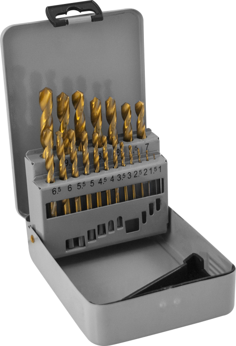 Набор спиральных сверл по металлу HSS TiN в металлическом кейсе, d1.0-10.0 мм, 19 предметов, THORVIK