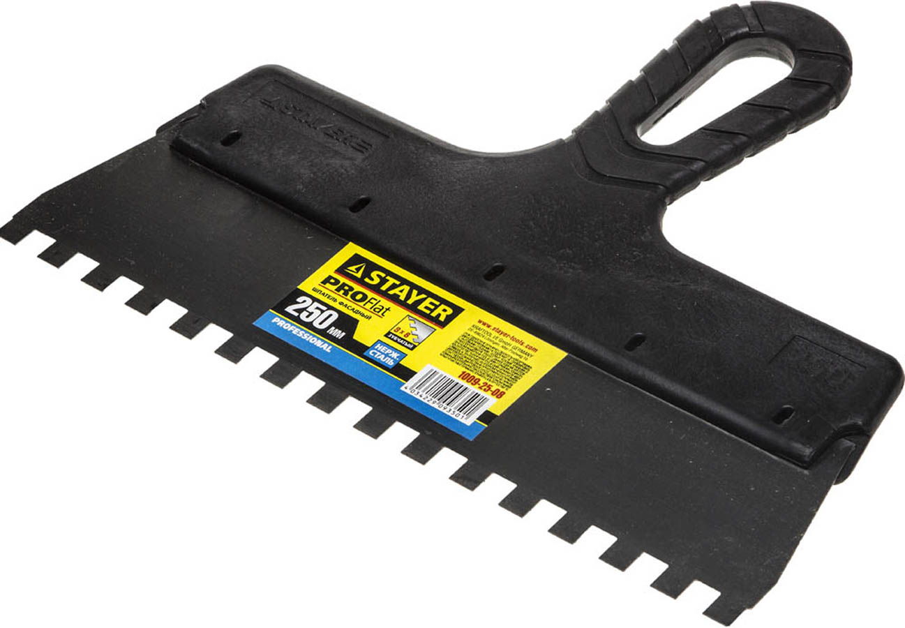 Фото Шпатель зубчатый STAYER 250 мм, нержавеющая полотно, пластмассовая рукоятка, 1009-25-08