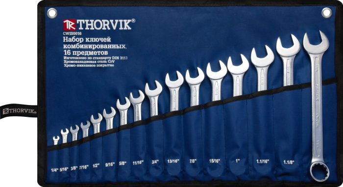 Набор ключей гаечных комбинированных дюймовых в сумке 1/4"--1-1/4", 16 предметов, THORVIK