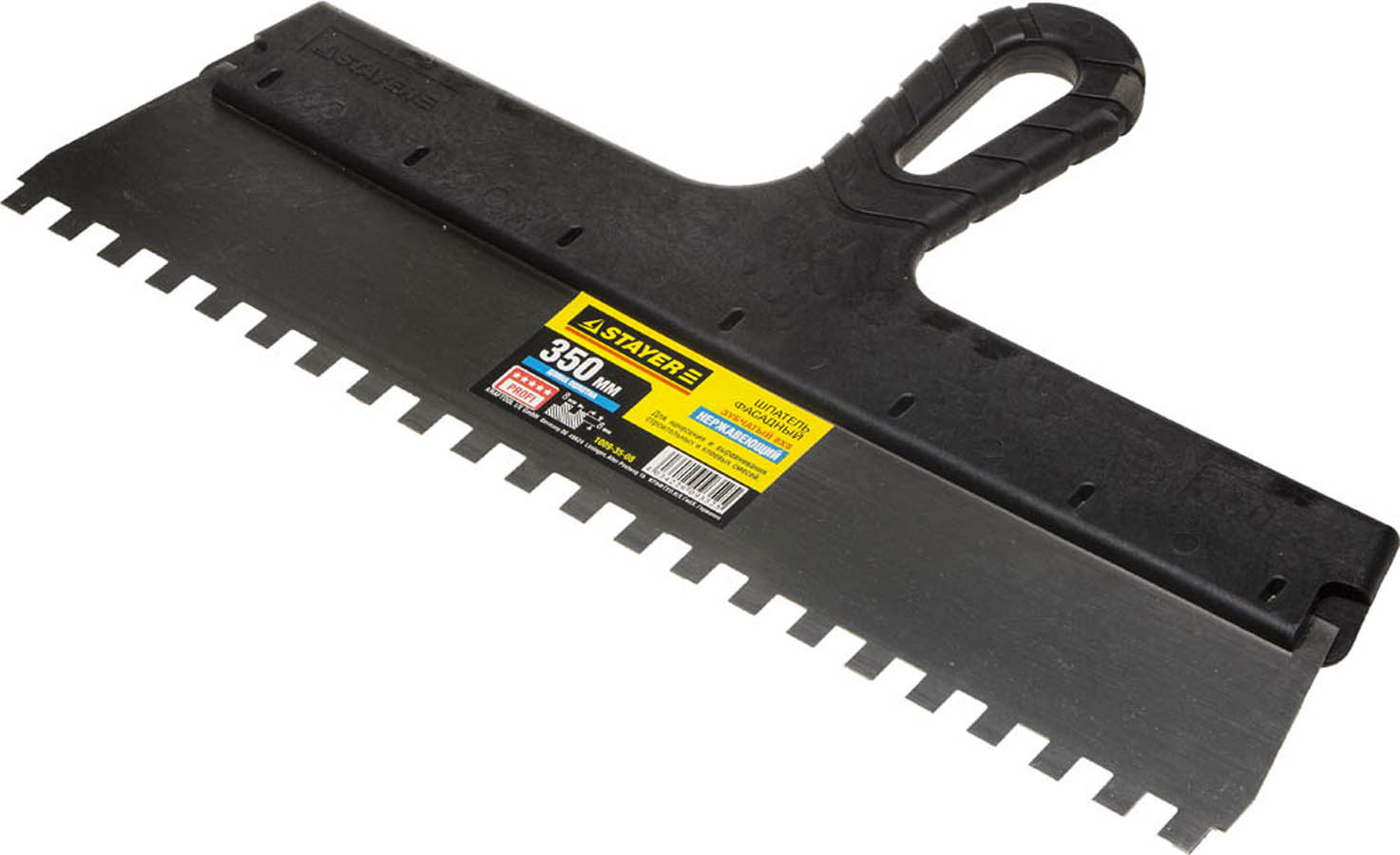 Фото Шпатель зубчатый STAYER 350 мм, нержавеющая полотно, пластмассовая рукоятка,1009-35-08