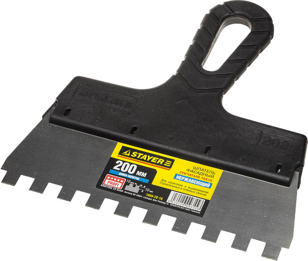 Фото Шпатель зубчатый STAYER 200 мм, нержавеющая полотно, пластмассовая рукоятка, 1009-20-10