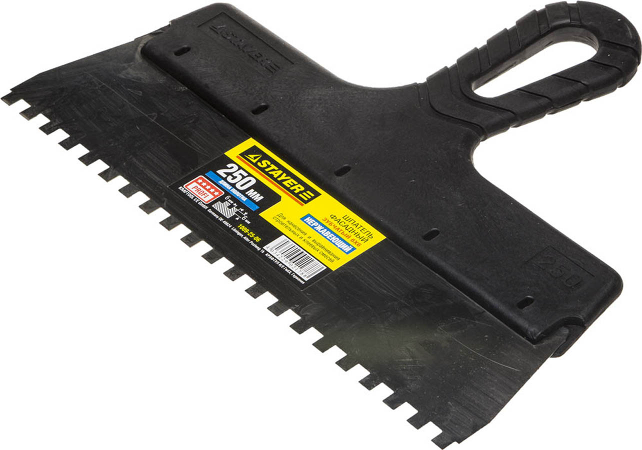 Фото Шпатель зубчатый STAYER 250 мм, нержавеющая полотно, пластмассовая рукоятка, 1009-25-06