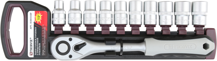 Фото Набор головок торцевых с трещоточной рукояткой 1/2"DR, 10-19 мм, 11 предметов, THORVIK