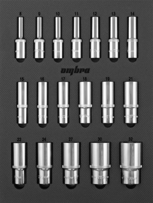 Фото Набор головок торцевых глубоких 1/2" DR 8-32 мм в EVA ложементе 280х375 мм, 18 предметов, Ombra