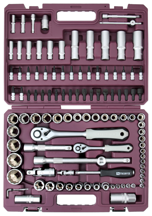 Фото Набор инструмента универсальный 1/4", 1/2"DR с головками торцевыми 12-гранными, 108 предметов, THORVIK
