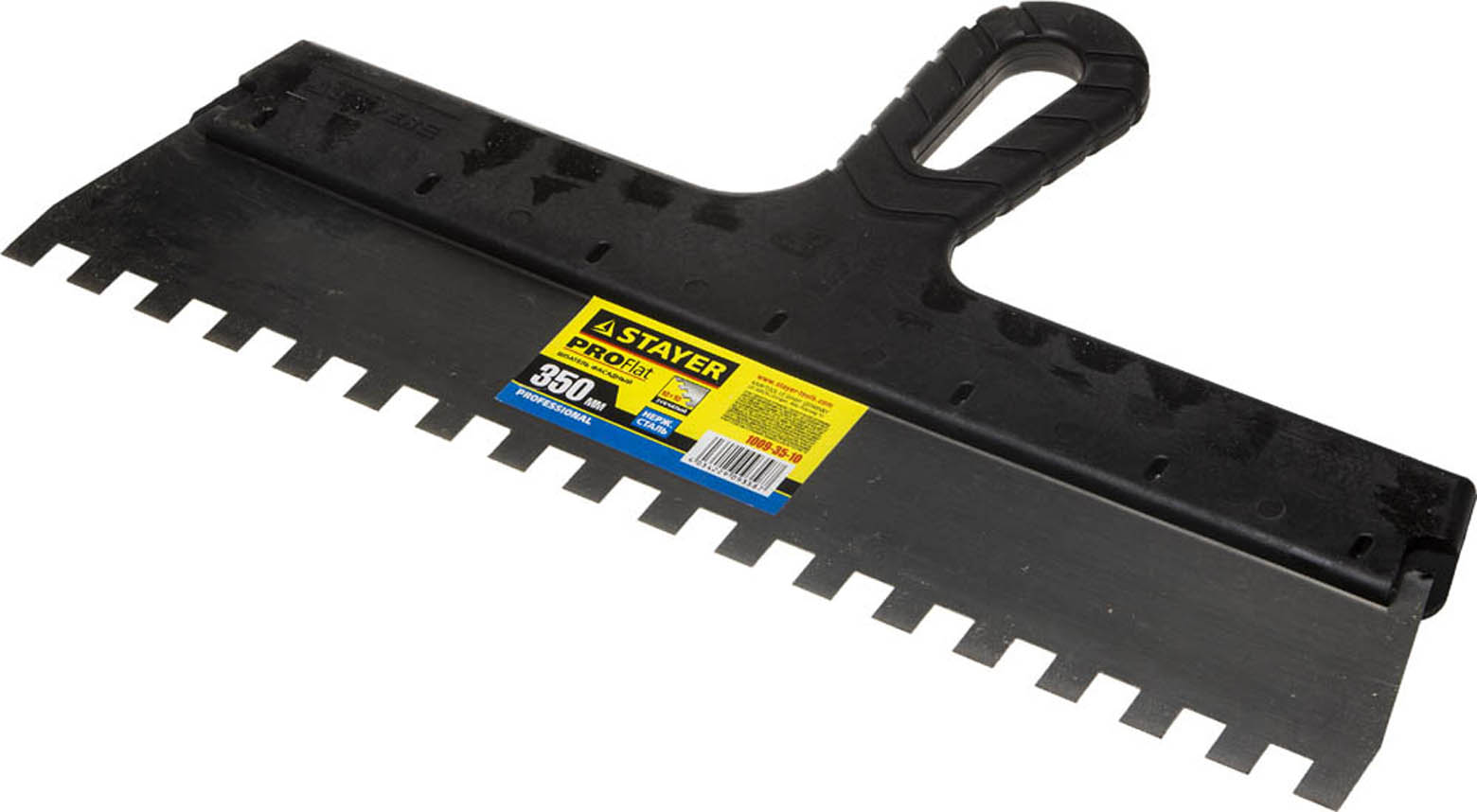 Фото Шпатель зубчатый STAYER 350 мм, нержавеющая полотно, пластмассовая рукоятка, 1009-35-10