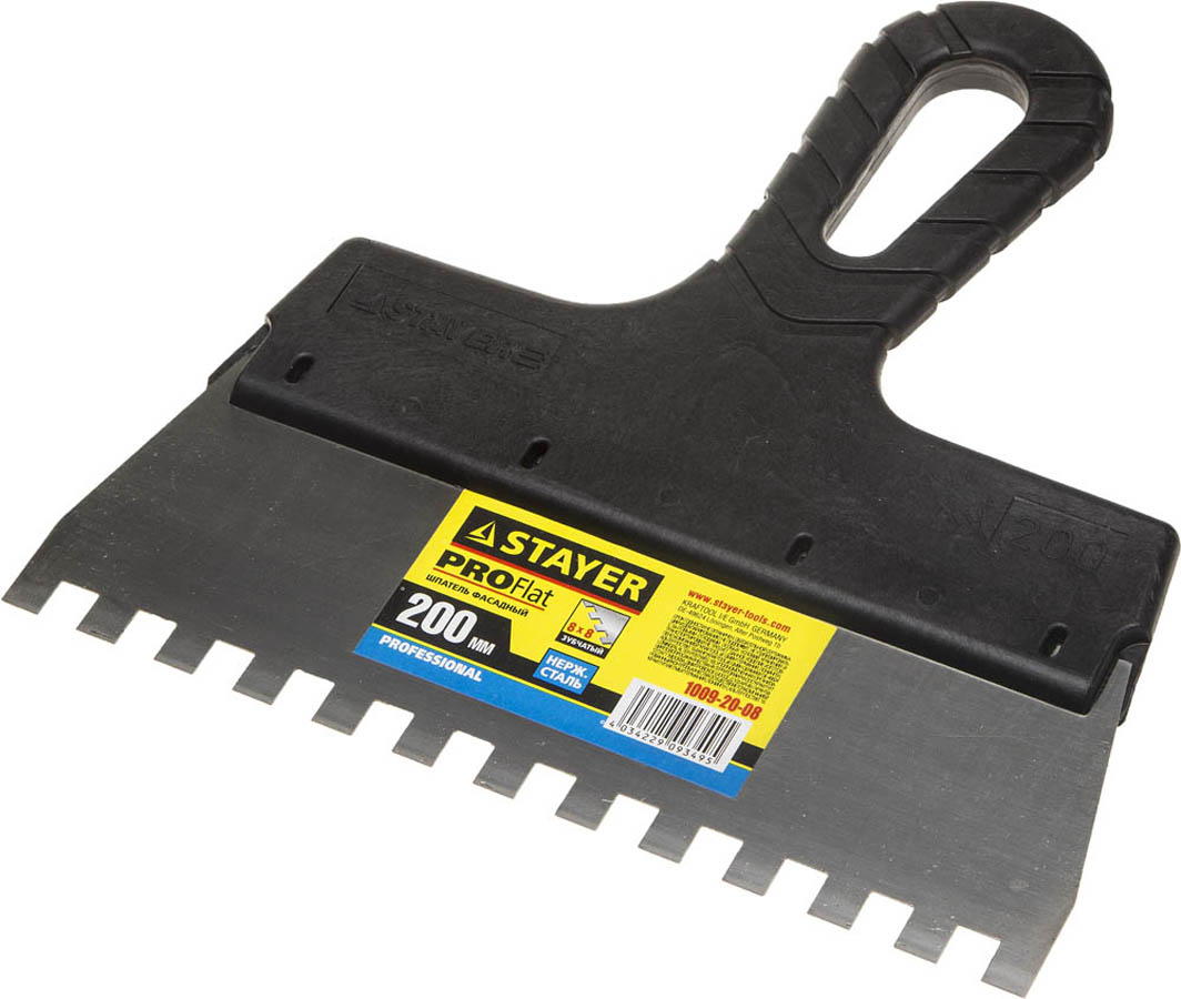 Фото Шпатель зубчатый STAYER 200 мм, нержавеющая полотно, пластмассовая рукоятка, 1009-20-08