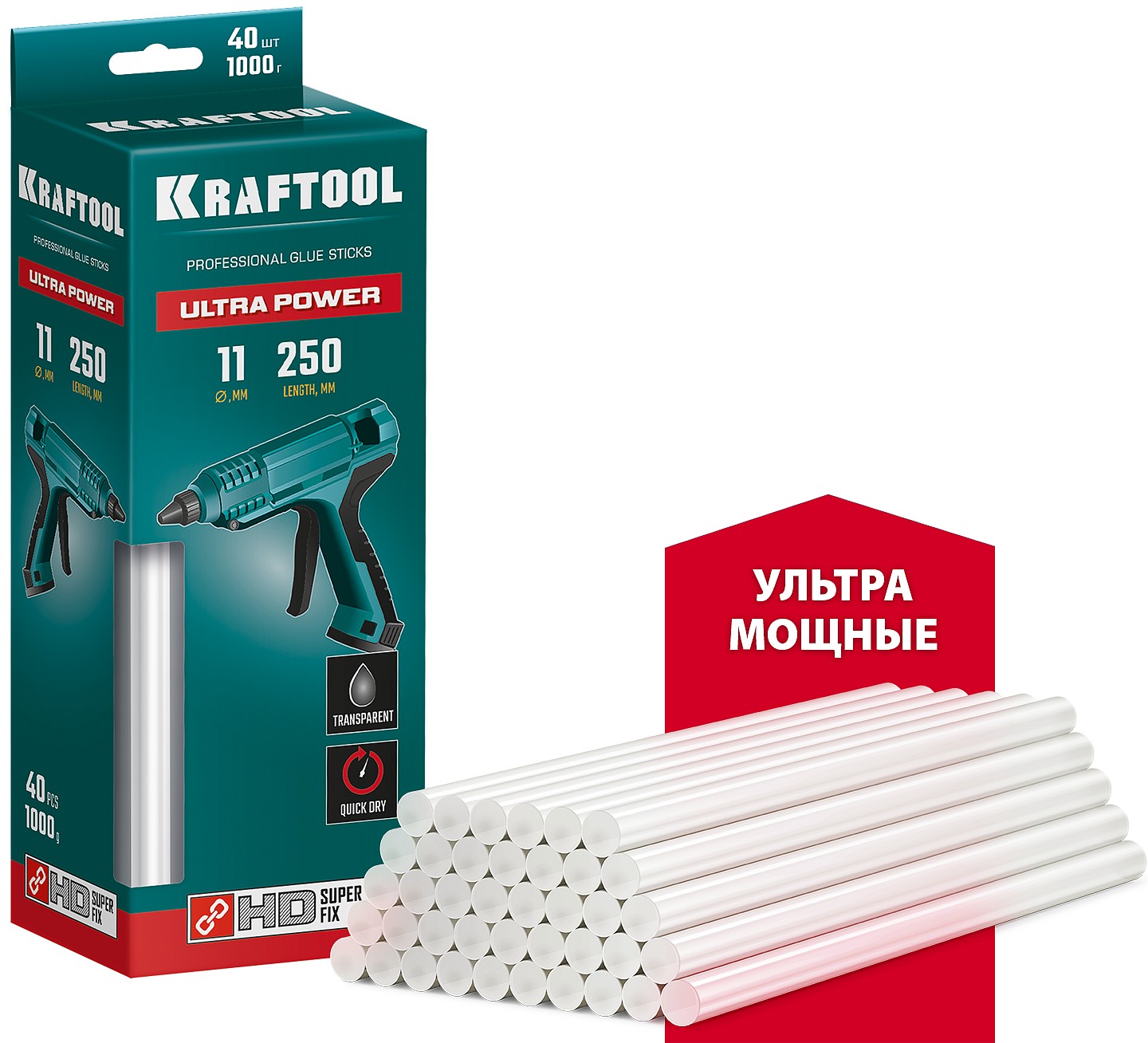 Ультрамощные клеевые стержни KRAFTOOL 06848-40 40 шт., 1 кг, 11 x 250 мм (11-12 мм), прозрачные