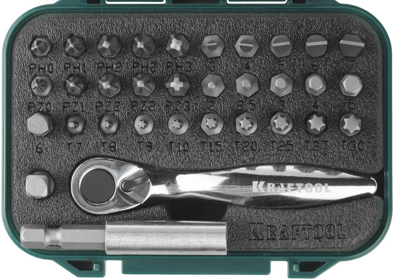 Фото Набор битов с мини-трещоткой KRAFTOOL, 26157-H33 Профессионал 33 шт., Cr-V