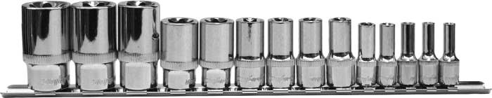 Фото Набор головок торцевых глубоких 1/4", 3/8", 1/2"DR на держателе, внешний TORX®, E4-E24, 14 предметов, Ombra