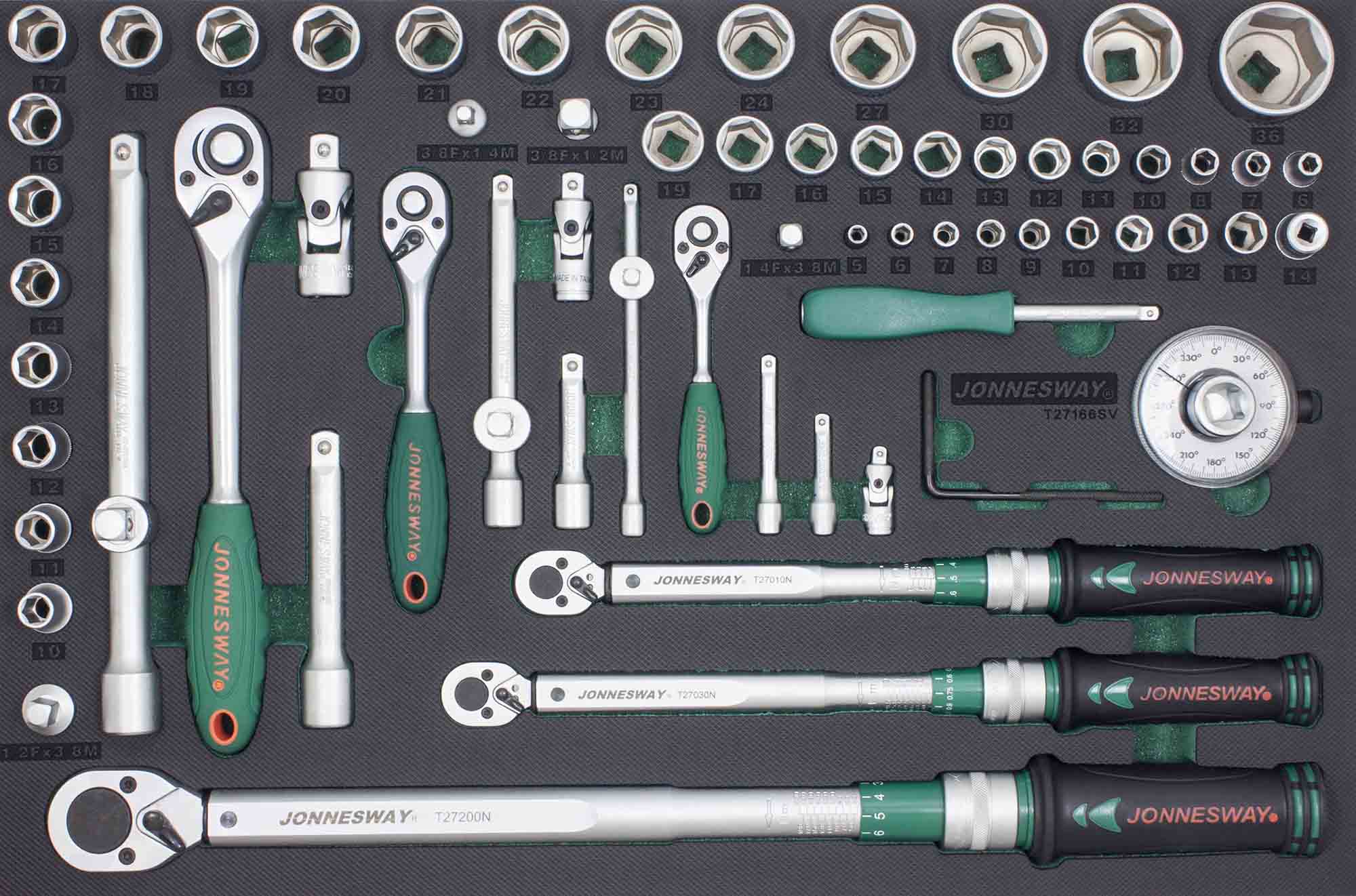 Фото Набор ключей динамометрических 1/4"DR 2-10 Нм, 3/8"DR 10-60 Нм , 1/2"DR 40-200 Hм и головок торцевых с аксессуарами в EVA ложементе, 66 предметов, Jonnesway