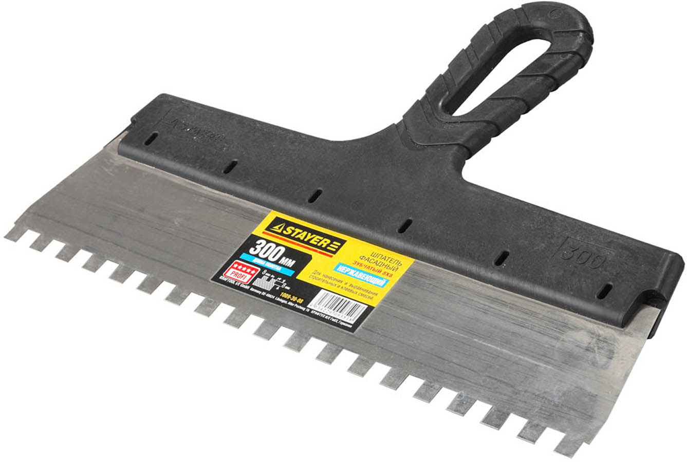 Фото Шпатель зубчатый STAYER 300 мм, нержавеющая полотно, пластмассовая рукоятка, 1009-30-08