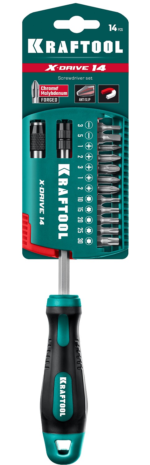 Фото Отвертка профессиональная с битами 14 шт, Kraftool