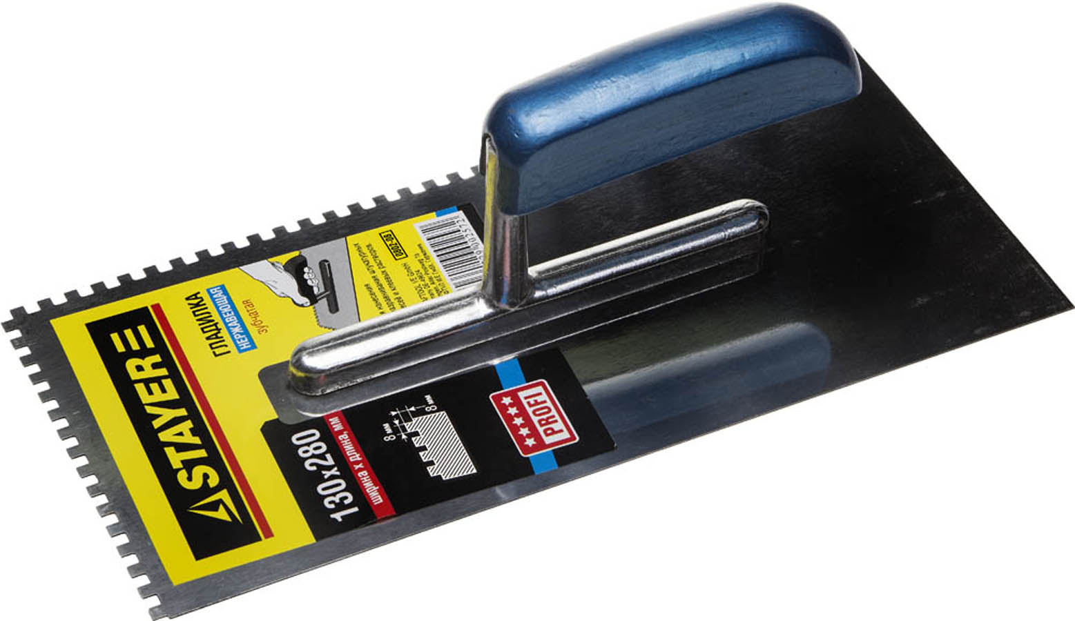 Гладилка штукатурная STAYER 130x280 мм, 8х8 мм, нержавеющая, деревянная рукоятка, 0802-08