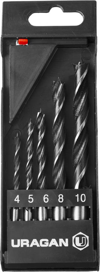 Набор спиральных сверл по дереву 5 шт., 4-5-6-8-10 мм, URAGAN