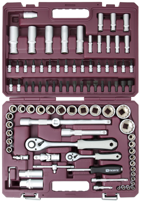 Набор инструмента универсальный 1/4", 1/2"DR с головками торцевыми 12-гранными, 94 предмета, THORVIK