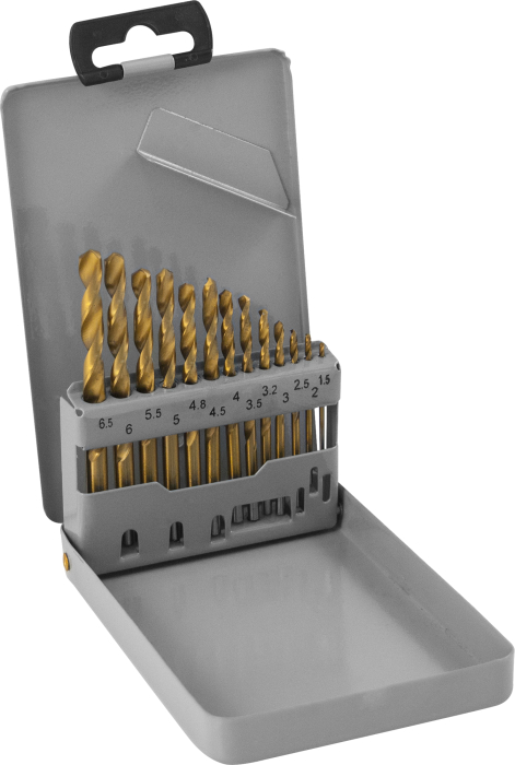 Фото Набор спиральных сверл по металлу HSS TiN в металлическом кейсе, d1.5-6.5 мм, 13 предметов, THORVIK