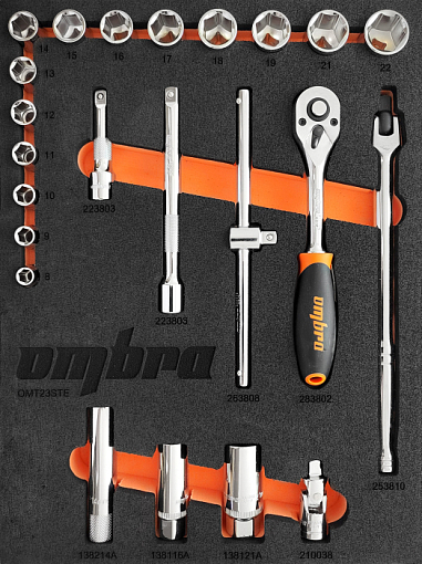 Фото 0 товара Набор головок торцевых 3/8" DR 8-22 мм с аксессуарами в EVA ложементе 280х375 мм, 23 предмета, Ombra