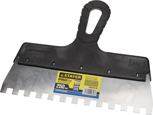 Фото 0 товара Шпатель зубчатый STAYER 250 мм, нержавеющая полотно, пластмассовая рукоятка, 1009-25-10