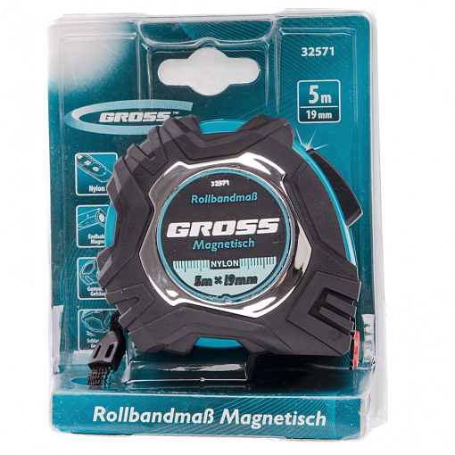 Фото 3 товара Рулетка Magnetisch 5 м х 19 мм, обрез., авт. фикс., нейлон. покр., зацеп с магн. Gross
