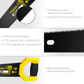 Ножовка по дереву HI-TEFLON STAYER 12/7 TPI, 400 мм, 2-15089 Master - фото 3