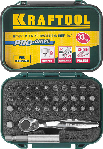 Фото 1 товара Набор битов с мини-трещоткой KRAFTOOL, 26157-H33 Профессионал 33 шт., Cr-V