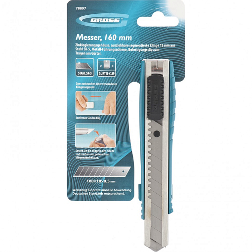 Фото 4 товара Нож, 160 мм, мет. корпус, е лезвие 18 мм (SK-5), мет. направляющая, клипса для ремня Gross