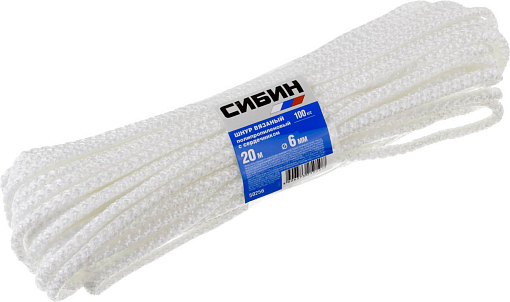 Фото 0 товара Шнур вязаный полипропиленовый с сердечником СИБИН 20 м, 6 мм, белый, 50256