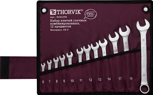 Фото 0 товара Набор ключей гаечных комбинированных серии ARC в сумке, 12 предметов (6-14,17,19,22 мм) (в тубусе Thorvik), THORVIK