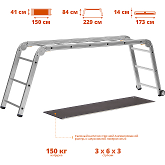 Подмости СИБИН ПРП-36 38845 150 кг, 3 x 6 x 3 ступени, алюминиевые, складные с колесами и съемной площадкой, профессиональные рабочие  - фото 2