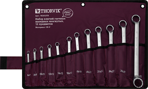 Фото 0 товара Набор ключей гаечных накидных изогнутых серии ARC в сумке, 6-32 мм, 12 предметов, THORVIK