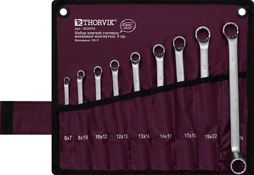 Фото 0 товара Набор ключей гаечных накидных изогнутых серии ARC в сумке, 6-24 мм, 9 предметов, THORVIK