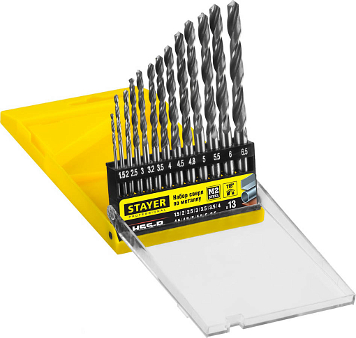 Фото 0 товара Набор сверл спиральных по металлу 29602-H13_z01 STAYER 13 шт. (? 1,5-6,5 мм), HSS-R